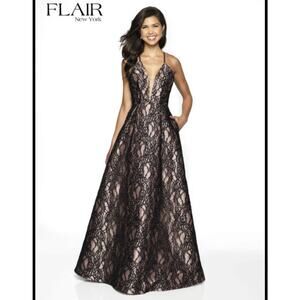 Flair New York Black Lace Maxi Dress Gown Prom Black Tie Gala 10